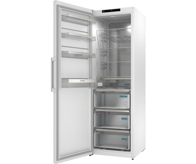 Siemens KS36NVWDG koelkast leeg interieur vooraanzicht met glasplateaus wijnrek en hyperFresh-laden