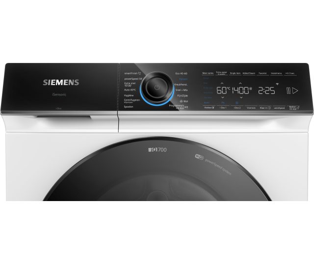 Siemens WG64B2ABNL wasmachine frontaal close-up bedieningspaneel met programmaknop, display en vlekkenopties
