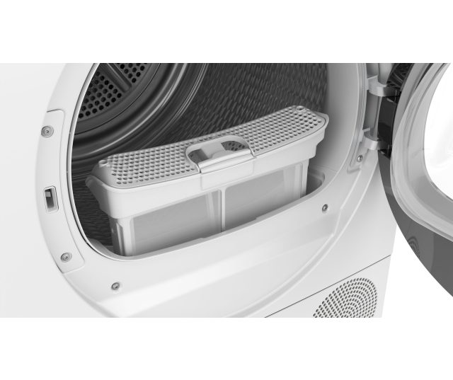 Siemens WQ46N2C9NL geopende deur met condensatorbak en filterelement zichtbaar