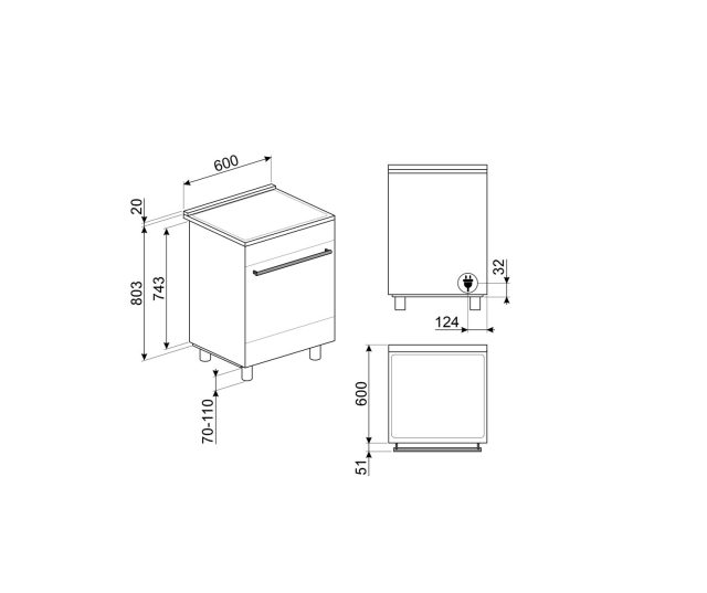 Smeg C6IPBLT2 fornuis technische dimensioontekening met afmetingen en aansluitingen