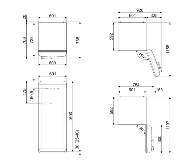 Smeg FAB28RWHM6 koelkast technische tekening afmetingen en installatie