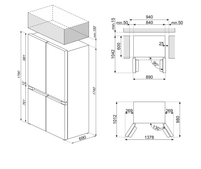 Smeg FQI48XD technische tekening installatie- en aansluitmaten