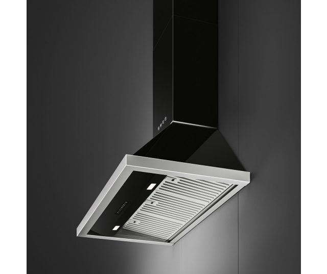 Smeg KCU94BL afzuigkap detail onderaanzicht met uitneembaar metallisch golvend filterscherm en bedieningspaneel