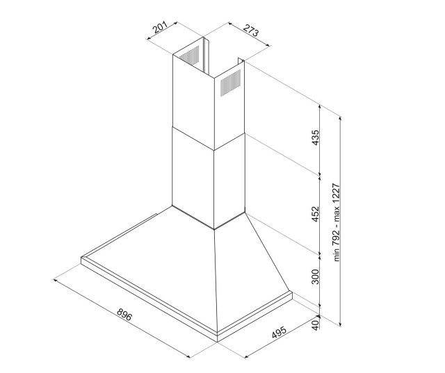 Smeg KCU94WH afzuigkap technische tekening met maatvoering, isometrisch aanzicht en installatieafmetingen