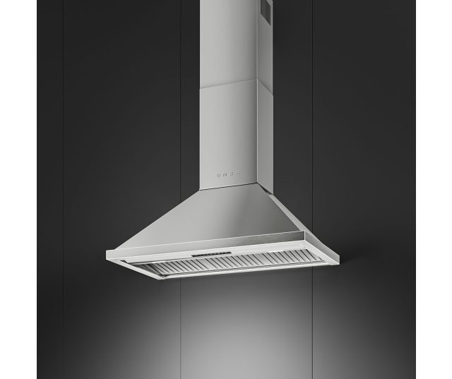 Smeg KCU94X afzuigkap hoekopstelling, pyramidaal ontwerp met filterrooster en geïntegreerde afzuiging