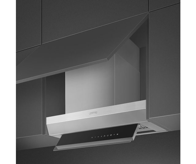 Smeg KSGT64XV afzuigkap met uitschuifbare voorkant geopend in schuin perspectief