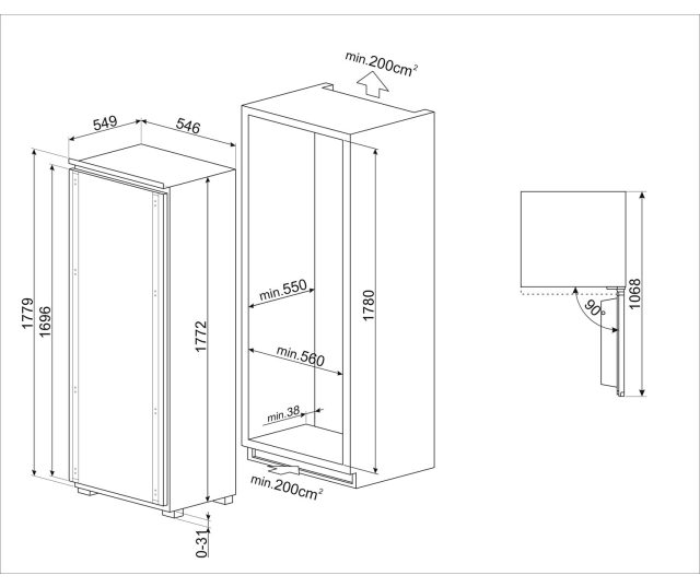 Smeg S9C1741E technische tekening met inbouwmaten en afmetingen
