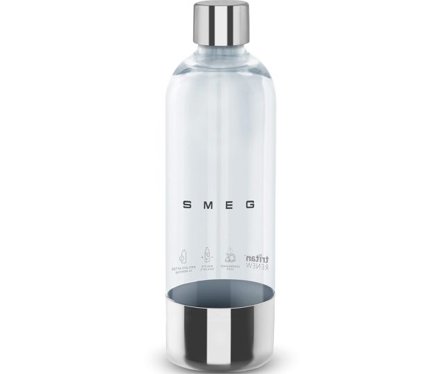 Smeg SKSB01 drinkfles vooraanzicht met SMEG-logo, instruktiepictogrammen en roestvrijstalen dop