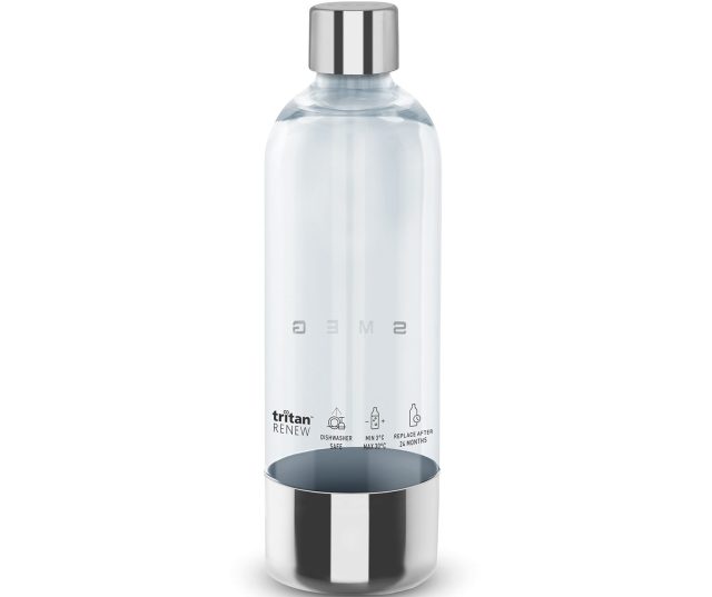 Smeg SKSB01 drinkfles vooraanzicht met Tritan Renew-logo, onderhoudsaanwijzingen en roestvrijstalen dop