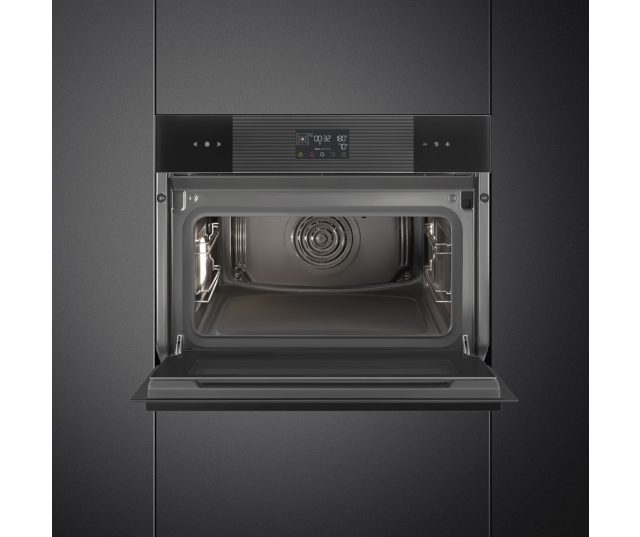 Smeg SO4102S3B combi-stoomoven, geopende deur met lege bakplaat en rooster zichtbaar