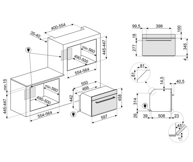 Smeg SO4201M1BI magnetron combi technische tekening met installatieafmetingen
