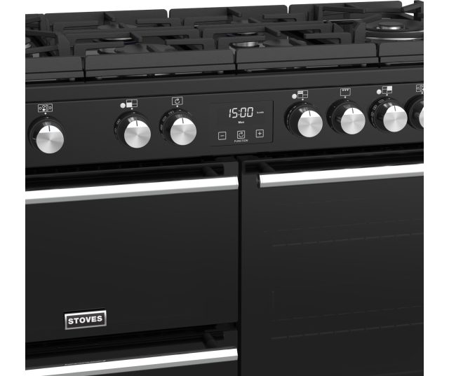 Het Stoves Precision DX S1000DF GTG EU BK zwart fornuis heeft chromen details