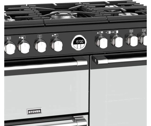 Het Stoves STERLING S900 DF DELXUE ZWART fornuis heeft een programmeerbare ovenklok
