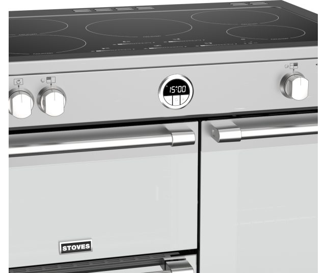 De knoppen voorop het Stoves Sterling S900 EI Deluxe rvs inductie fornuis zijn voor de ovenbediening
