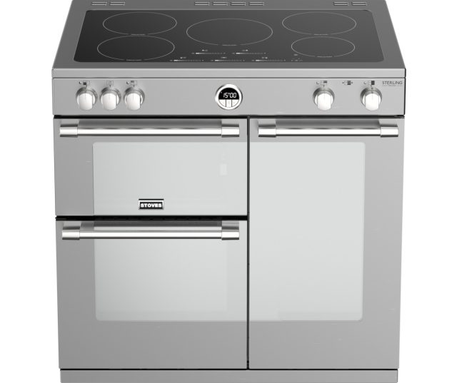 De ovenruiten van het Stoves Sterling S900 EI Deluxe rvs inductie fornuis zijn spiegelend