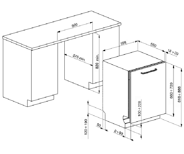 Afmetingen Smeg STP364T opruiming semi-professionele inbouw vaatwasser