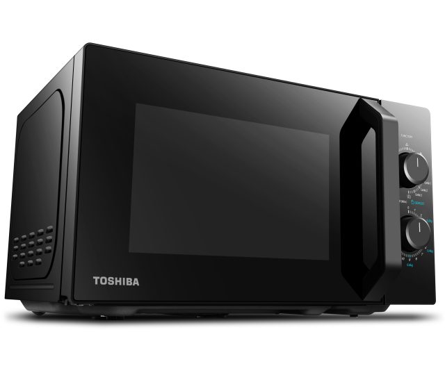 Toshiba MW2-MM20PF magnetron vooraanzicht gesloten met Toshiba-logo en rotaatschakelaars op zijpaneel