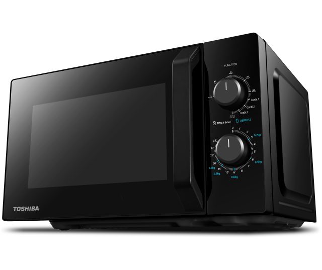 Toshiba MW2-MM20PF magnetron 3/4-aanzicht met bedieningspaneel zichtbaar en functie- en timerregelaars