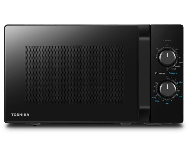 Toshiba MW2-MM20PF magnetron bovenaanzicht met mesh-rooster interieur en controleknopppen aan rechterkant