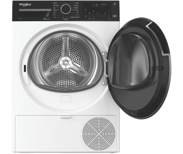 Whirlpool C WD 106M WBS BE droger met geopende deur en zichtbare trommel met perforatie