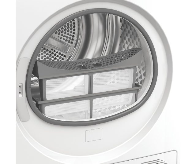 Whirlpool C WD 106M WBS BE droger onderkant detail met warmtepompeenheid en ventilatierooster