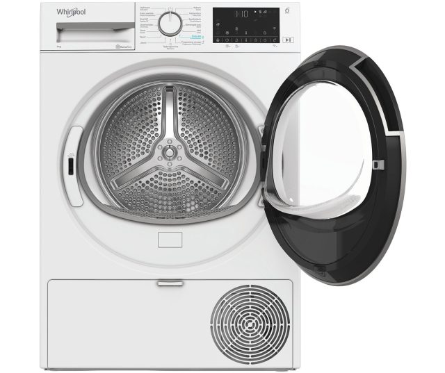 Whirlpool C WD 94M WWS BE geopende deur met zwarte greep en zichtbare trommel