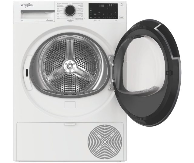 Whirlpool C WD1 84M WBS warmtepompdroogkast met geopende deur en zichtbare trommel
