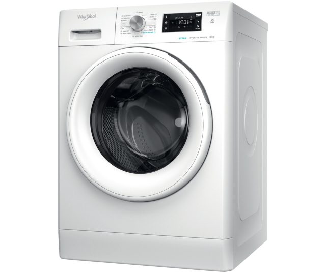 Whirlpool vrijstaande wasmachine vooraanzicht met gesloten deur, bedieningspaneel en display