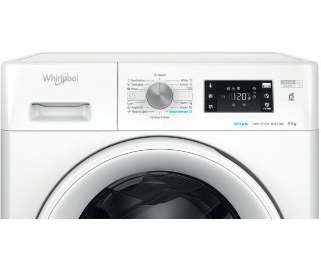 Whirlpool vrijstaande wasmachine detail bovenzijde met bedieningspaneel en display