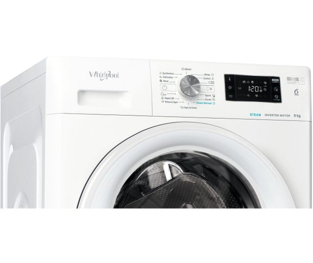 Whirlpool vrijstaande wasmachine trommeldetail met perforatie en interne structuur