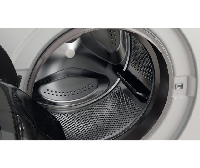 Whirlpool vrijstaande wasmachine met geopende deur, trommel en scharnieren zichtbaar
