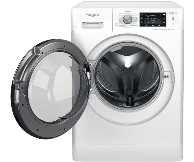 Whirlpool wasmachine met geopende deur, trommel en poortmechanisme zichtbaar