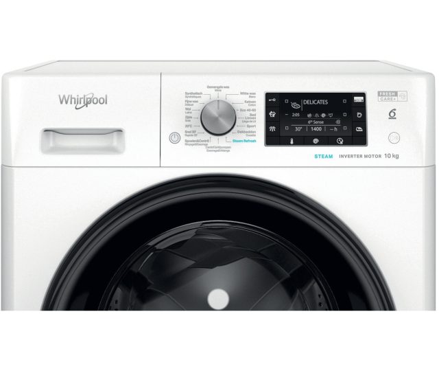 Whirlpool wasmachine bovenkant met bedieningselementen en digitale display details