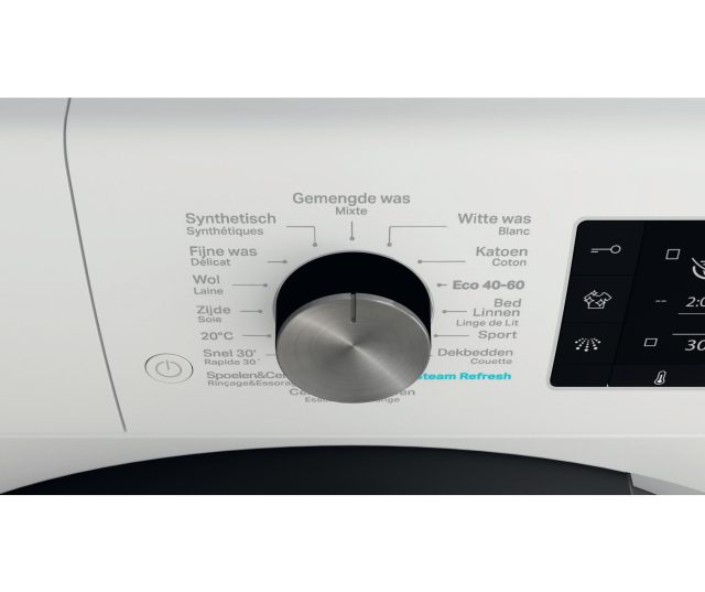 Whirlpool wasmachine vooraanzicht bedieningspaneel close-up met programmakeuze
