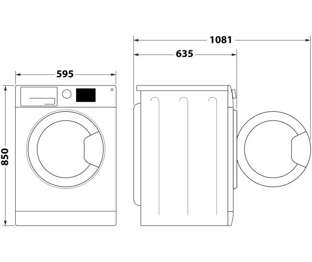 Whirlpool wasmachine technische tekening vooraanzicht en zijkant met afmetingen in mm