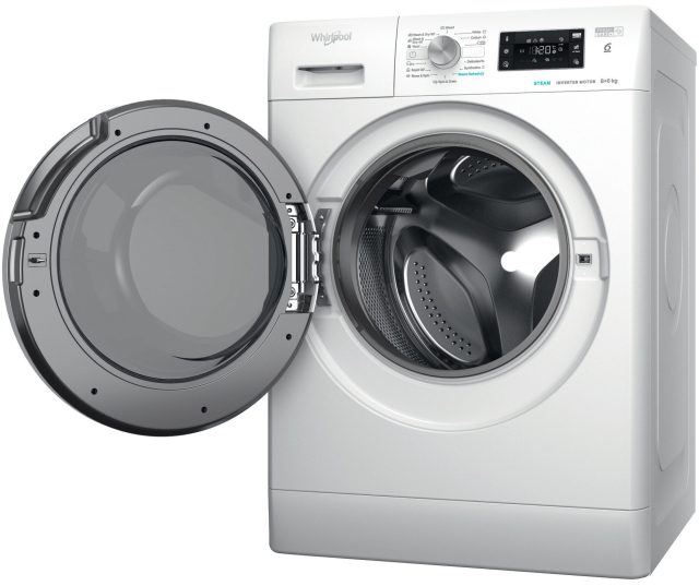 Whirlpool was/droogcombinatie 8+6 kg zijperspectief met geopende deur en getoonde trommelstructuur