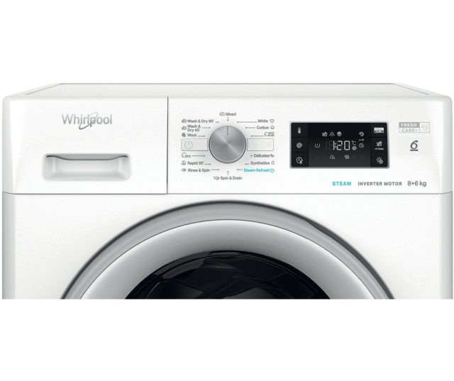 Whirlpool was/droogcombinatie bovenaanzicht bedieningspaneel met draaiknop en digitale TouchPad display