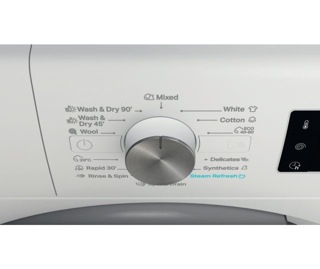 Whirlpool was/droogcombinatie bovenaanzicht control panel met programmaselectie en digitale interface