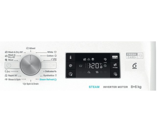 Whirlpool was/droogcombinatie detail programmadraaiknop met wasinstellingen en temperatuurkeuzes