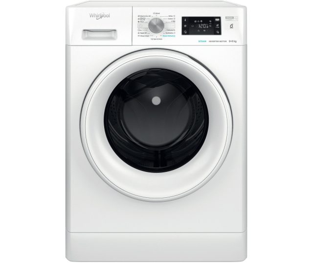 Whirlpool vrijstaande was-droogcombinatie bovenaanzicht met gesloten deur en bedieningselementen