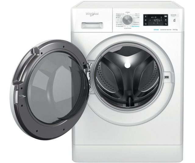 Whirlpool vrijstaande was-droogcombinatie met geopende deur en zichtbare trommel