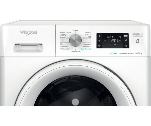 Whirlpool vrijstaande was-droogcombinatie bovenpaneel met draaischijf en bedieningsknoppen