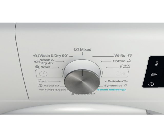 Whirlpool was-droogcombinatie bedieningspaneel close-up met draaiknop en touchscreen display