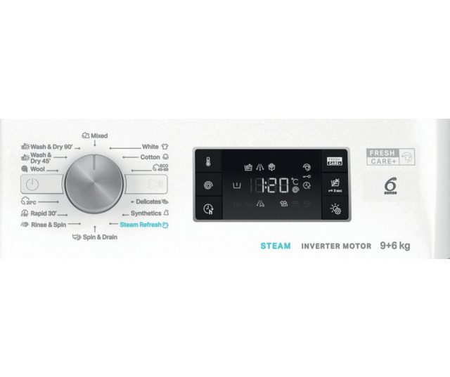 Whirlpool was-droogcombinatie draaiknop en tekstlabels voor programmaselectie detail
