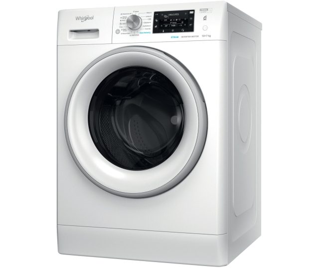Whirlpool FFWDD 1076258 SV EE wasdroger vooraanzicht met gesloten deur en bedieningspaneel met draaischijf en digitaal display