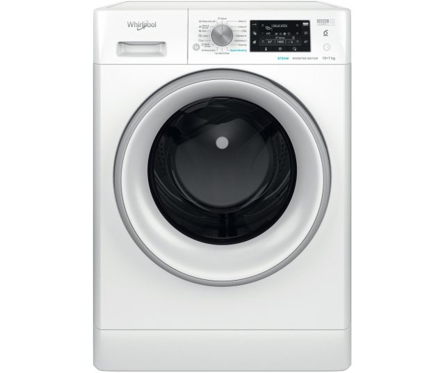 Whirlpool FFWDD 1076258 SV EE wasdroger bovenaanzicht met zichtbare draaischijf, knoppen en touchscreen bedieningspaneel