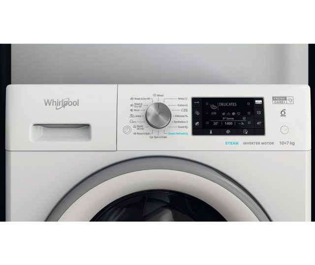 Whirlpool FFWDD 1076258 SV EE wasdroger detail bovenpaneel met aansluitingen en bedieningselementen
