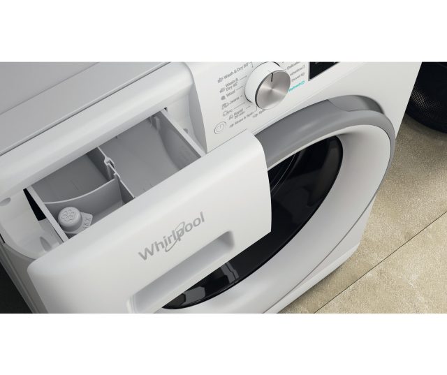 Whirlpool FFWDD 1076258 SV EE wasdroger detail interieur met zichtbare wasmiddelbak en openingen