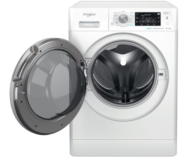 Whirlpool FFWDD 1076258 SV EE wasdroger met geopende deur en zichtbare droogtrommels en binnenwerk