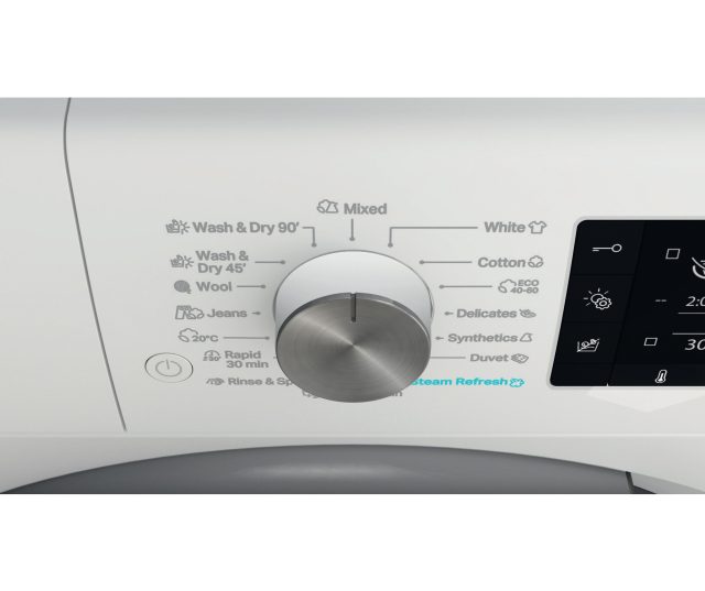 Whirlpool FFWDD 1076258 SV EE wasdroger detail van draaischijf met programmaselectie en symbolen op bovenpaneel